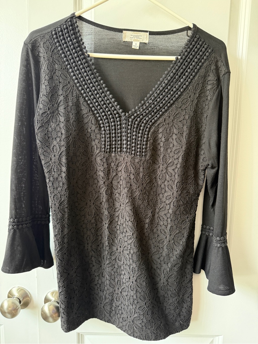 Women's Black Lace V-Neck Knit Top with Bell Sleeves